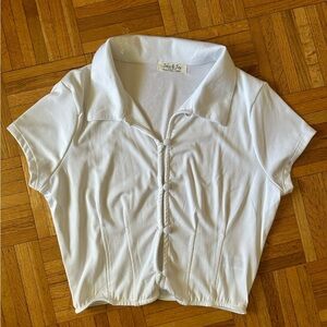 White Cropped Fitted Button Up Polo Blouse